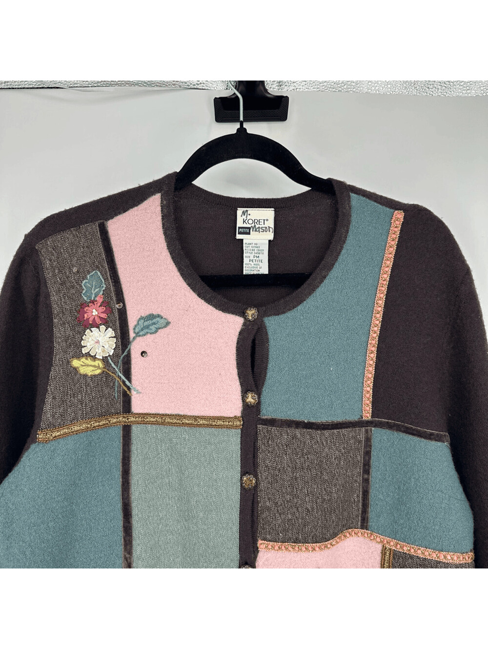 Koret Petite Wool Cardigan Sweater Patchwork Floral Embroidered Cottagecore - Picture 3 of 12